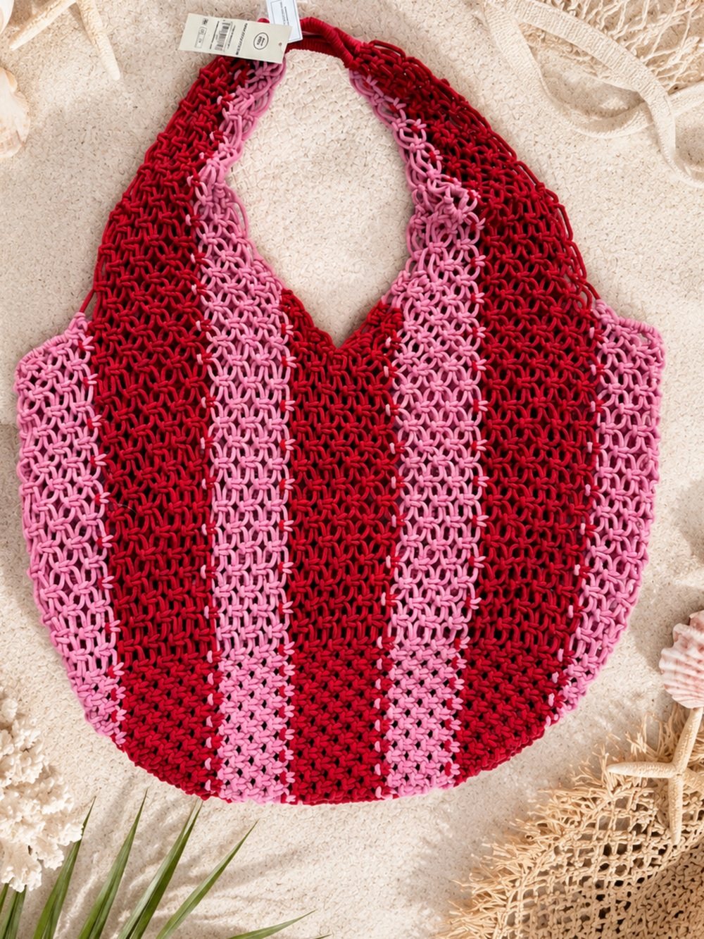 Striped Crochet Beach Bag in Red and Pink